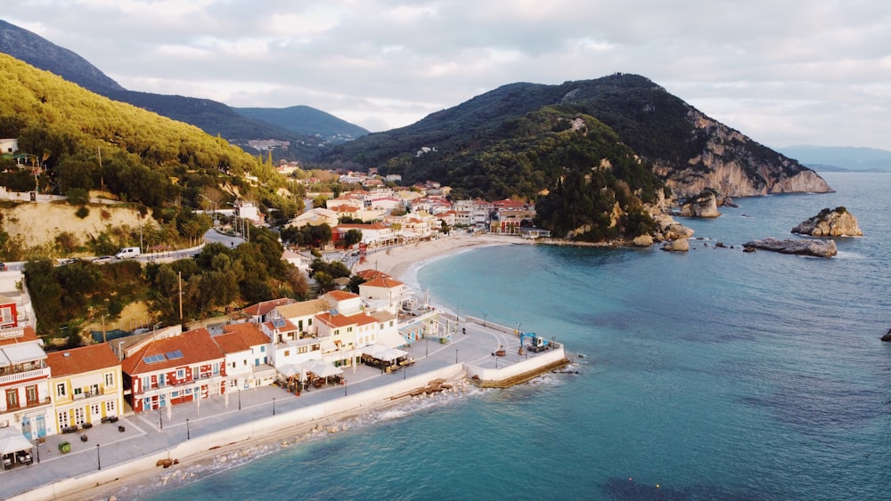 an aerial view of a small town on the coast