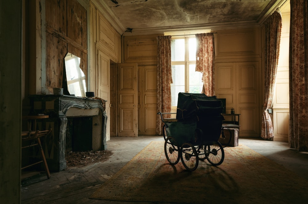 a room with a chair and a piano in it