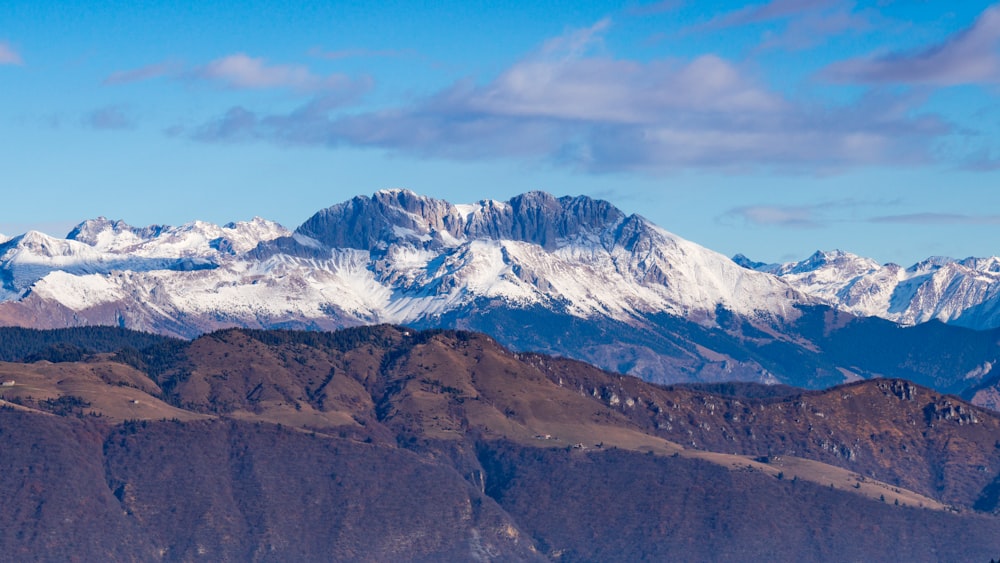 a mountain range with snow capped mountains in the background