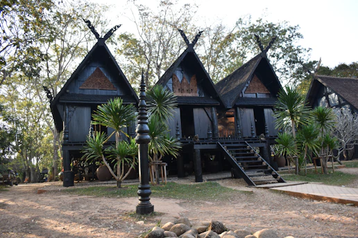 a row of black wooden houses with palm trees