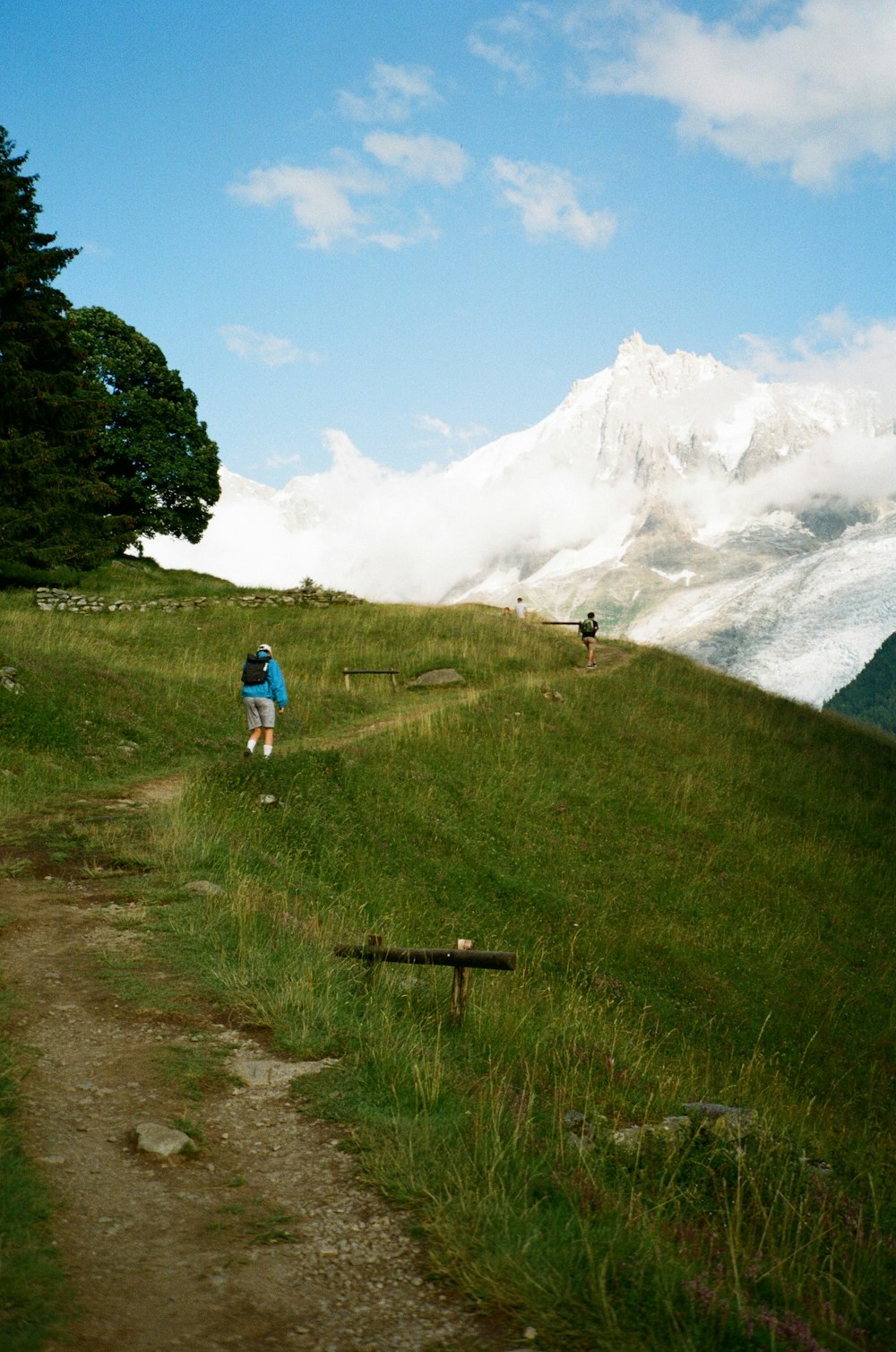 two people hiking up a grassy hill with a mountain in the background