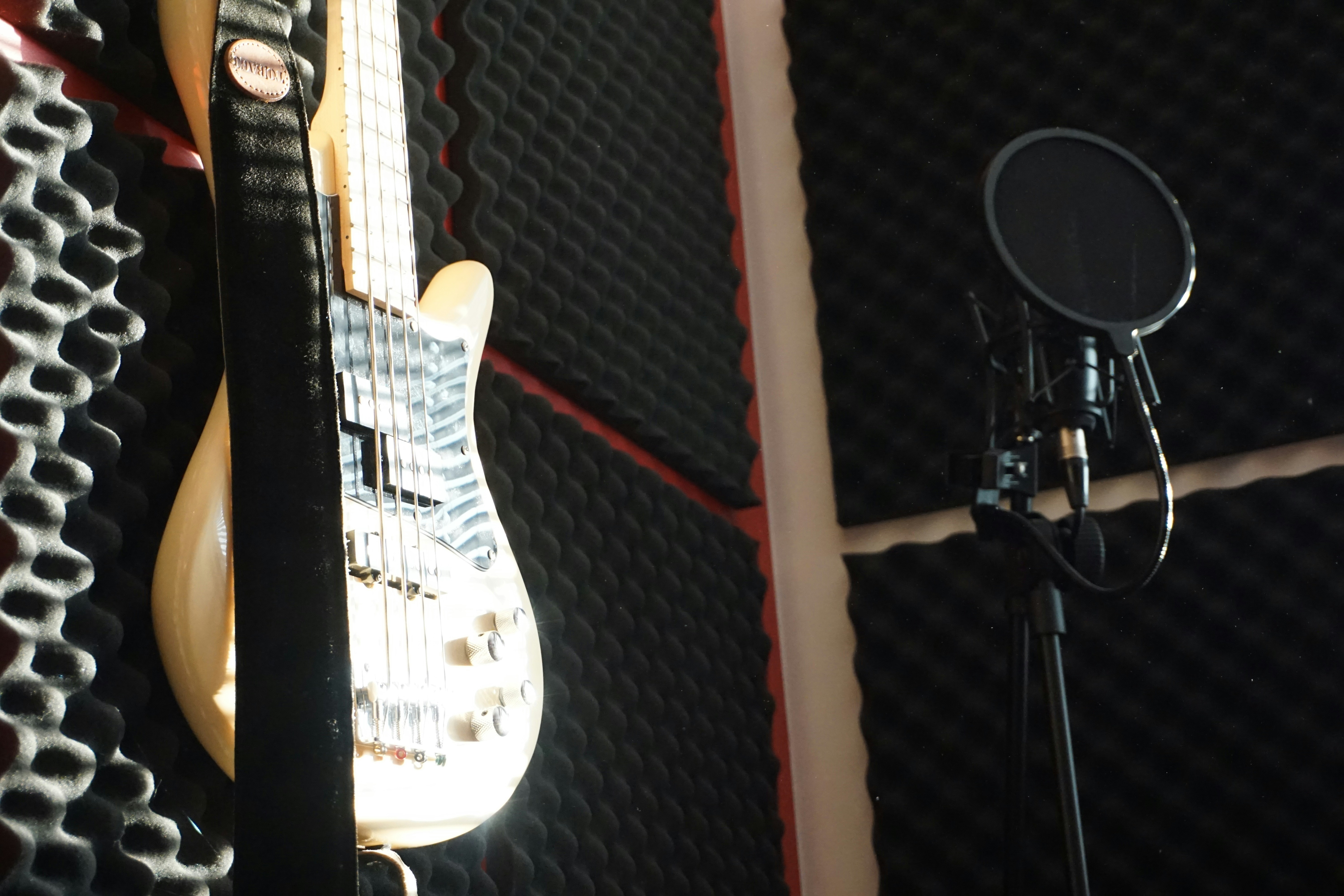 a guitar and a microphone in a recording studio