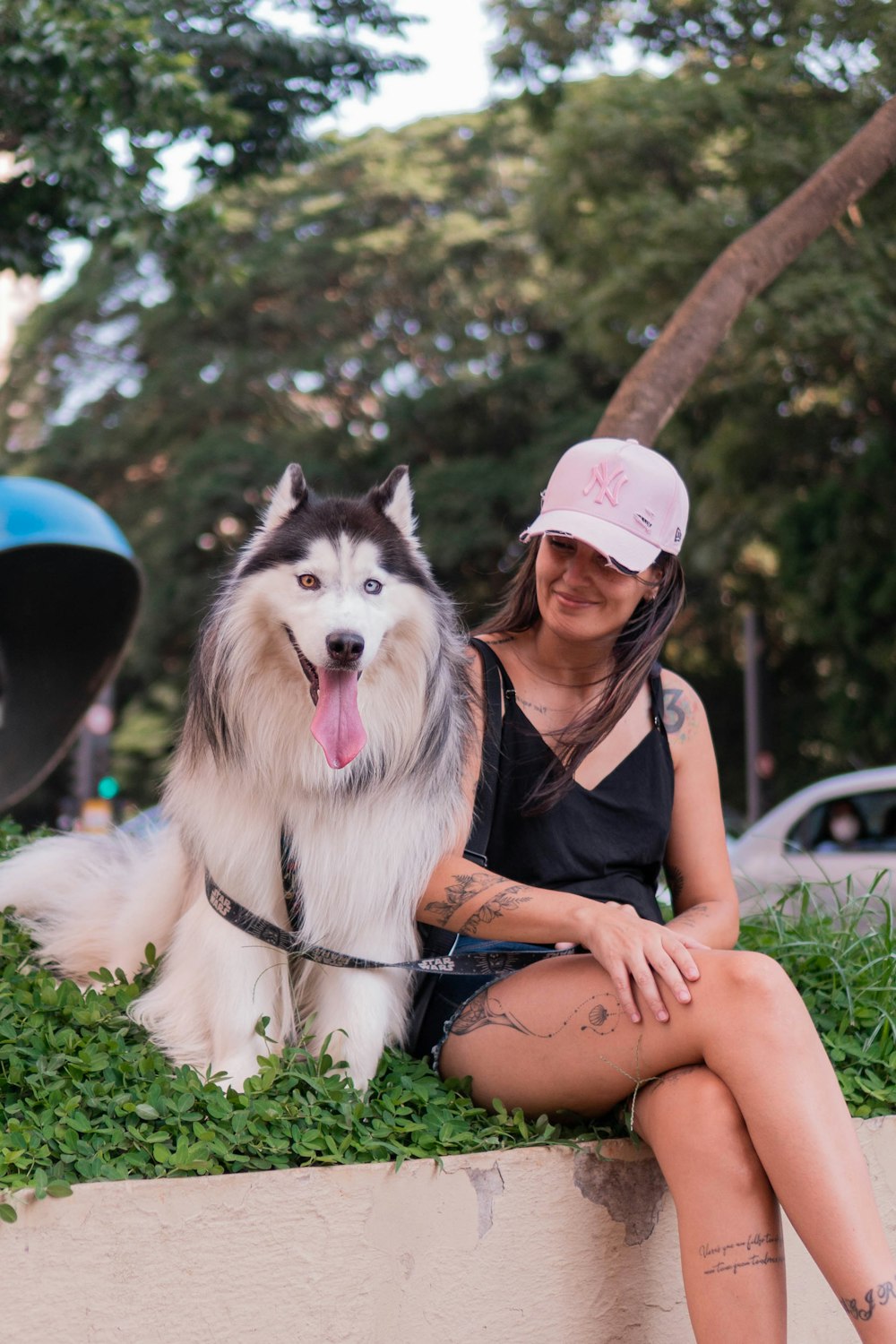 a woman sitting on a wall with her dog