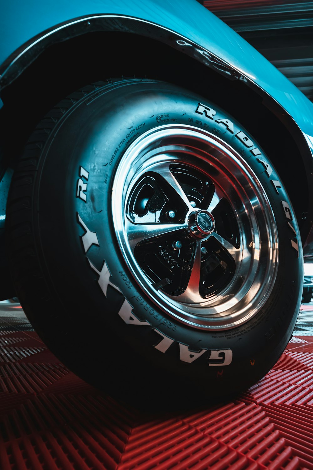 a close up of a tire on a car