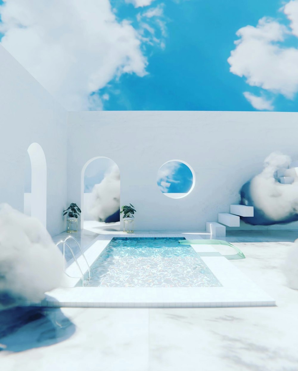 a pool surrounded by clouds and a sky background