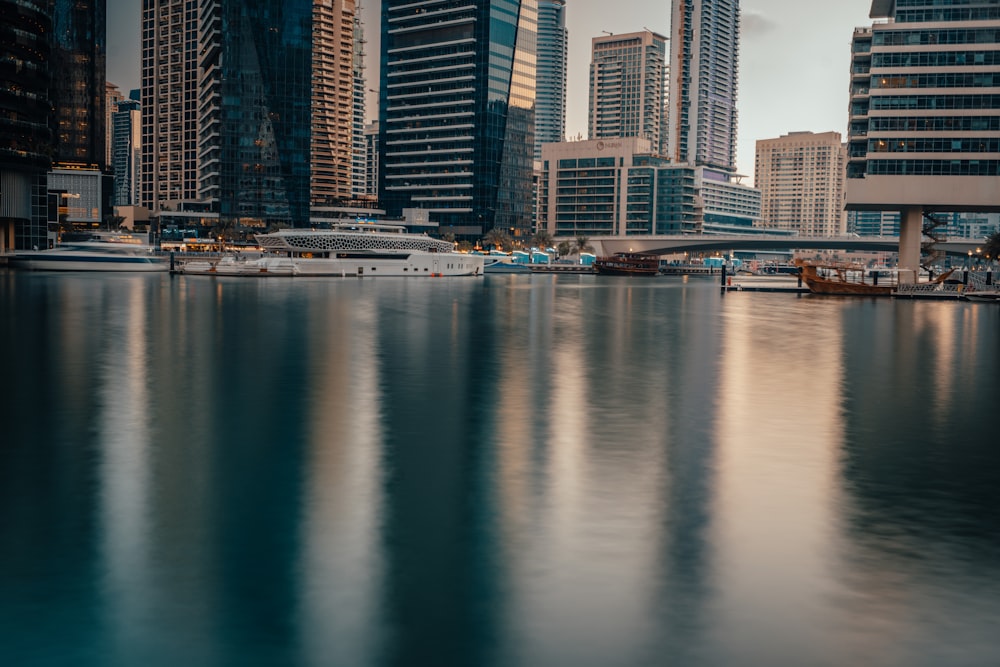 a large body of water surrounded by tall buildings