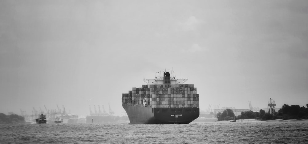 a large cargo ship in the middle of a body of water