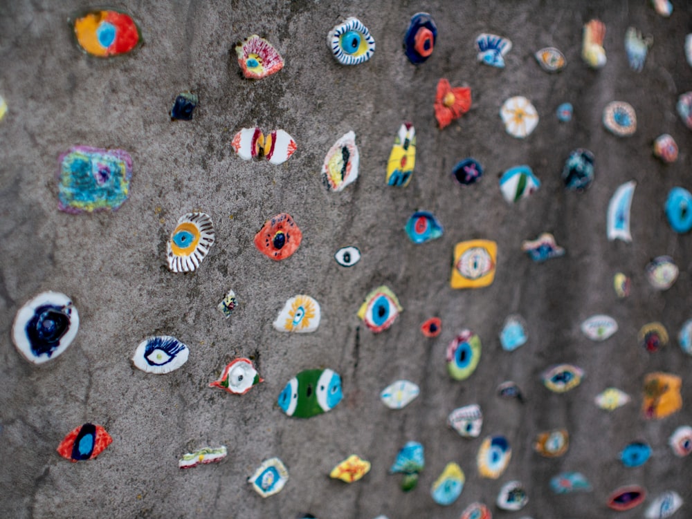a close up of a wall with many different items on it