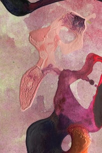 Abstract artwork featuring a textured cream-colored form on the left, blending into a backdrop of muted purple and pink hues. Swirling shapes of deep red, purple, and black intertwine and overlap in the foreground, creating a dynamic and flowing composition with various textured and smooth areas.