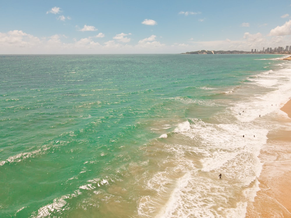 an aerial view of a beach with people in the water