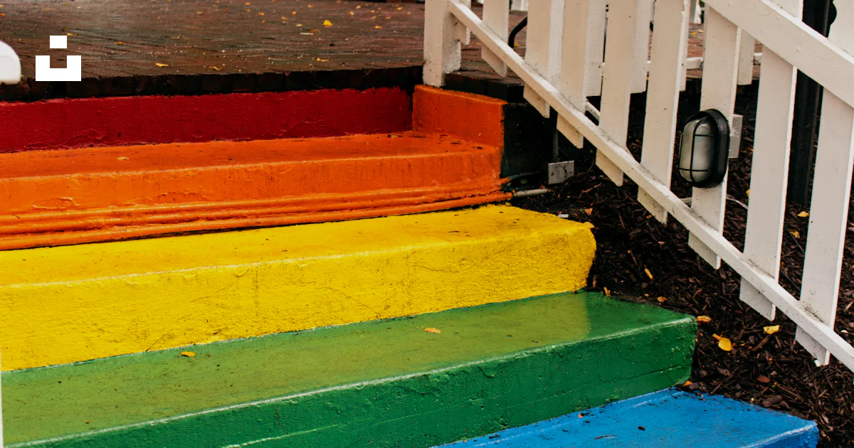 Very Colorful Handrail A multicolored staircase with a white hand rail photo – Free Atlanta ...