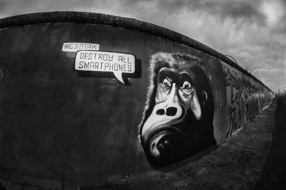 a black and white photo of a gorilla face on a wall