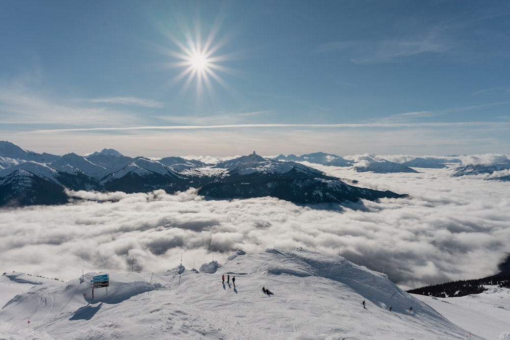 a group of people standing on top of a snow covered slope