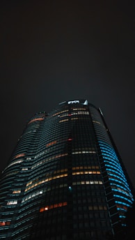 a very tall building lit up at night