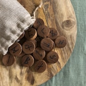 A wooden surface holds several round wooden tokens with ancient runic symbols. The tokens spill out of a small burlap sack placed on the side. The background includes a textured green fabric.