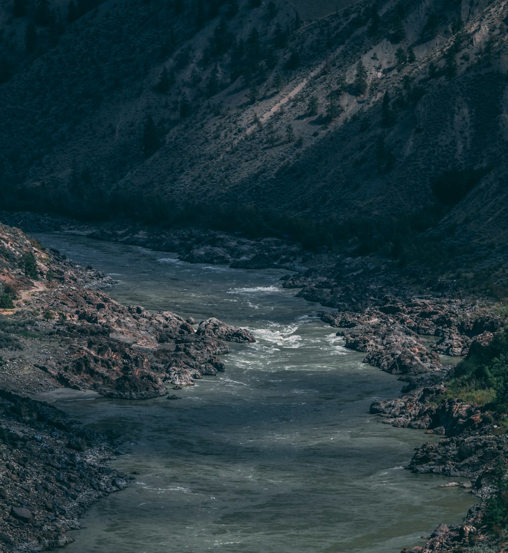 a river running through a lush green hillside