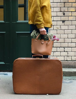 a woman carrying a brown suitcase with a plant in it