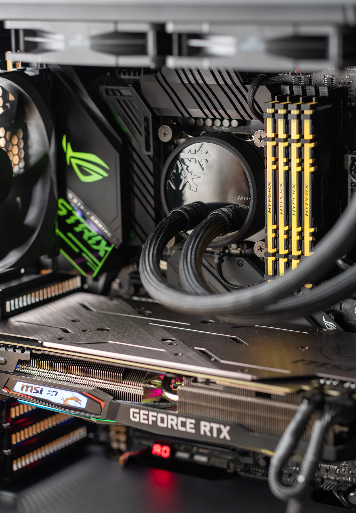 Custom workstation PC internals with graphics card