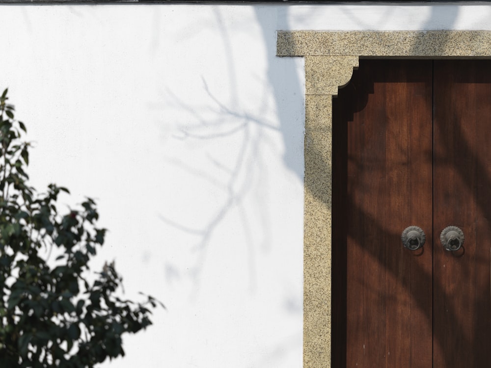 a wooden door with two knobs on a white wall