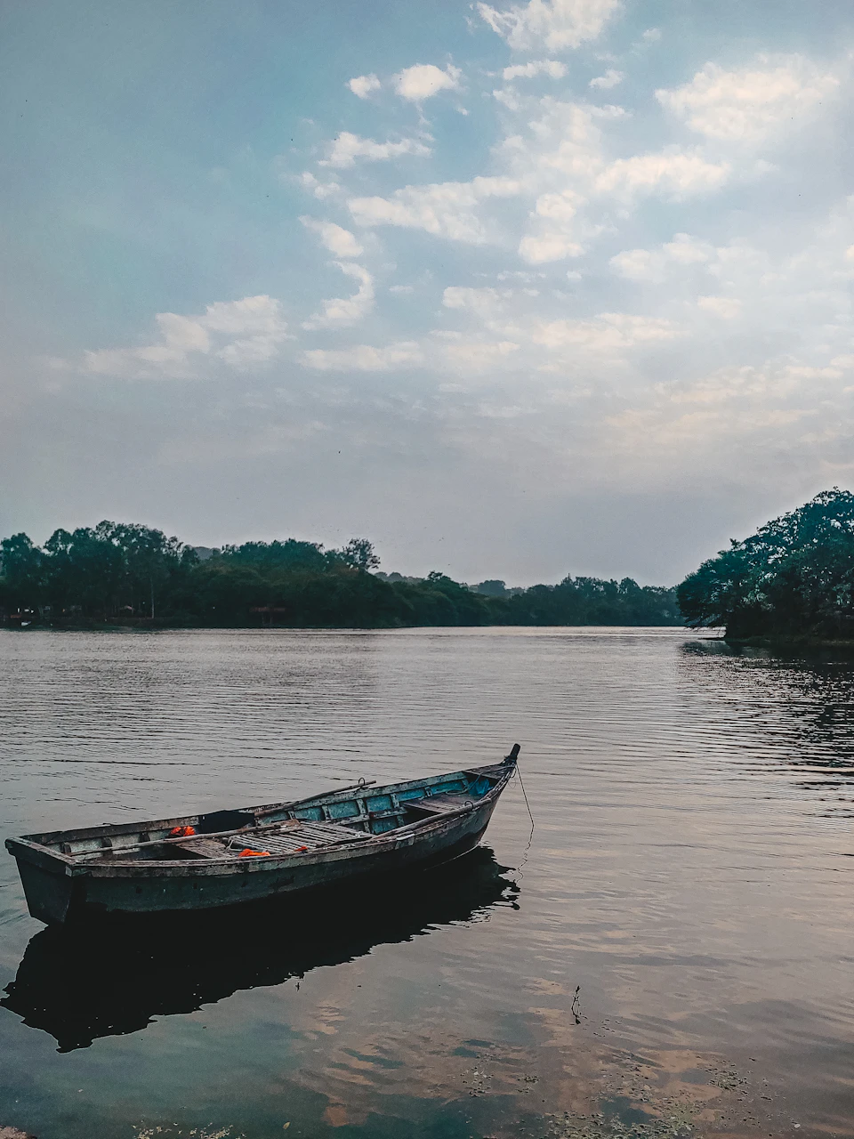 Serene lake scene with small boat floating on its surface surrounded by trees