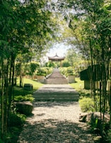 A peaceful garden path winding through the Padepokan grounds, inviting reflection.