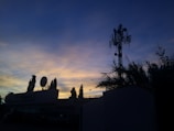 A telecommunications tower stands silhouetted against a vibrant sunset sky. The sky displays a gradient of deep blues transitioning into warm oranges and yellows near the horizon. In the foreground, various plants and the outline of a building with signage are visible.