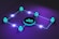 a purple background with a black and blue circle surrounded by blue and green cubes