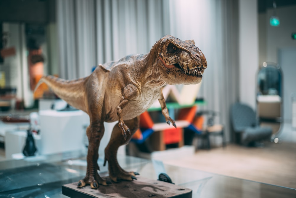 a toy dinosaur on display in a museum