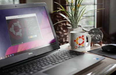 A workspace with a Dell laptop displaying a terminal window, next to a white mug with the Ubuntu logo. A small potted plant and an ornamental coaster or plaque are in the background. The scene captures a home office or study environment.