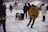 A joyful family bundled in winter gear, smiling beside their dog sleds on a snowy trail.