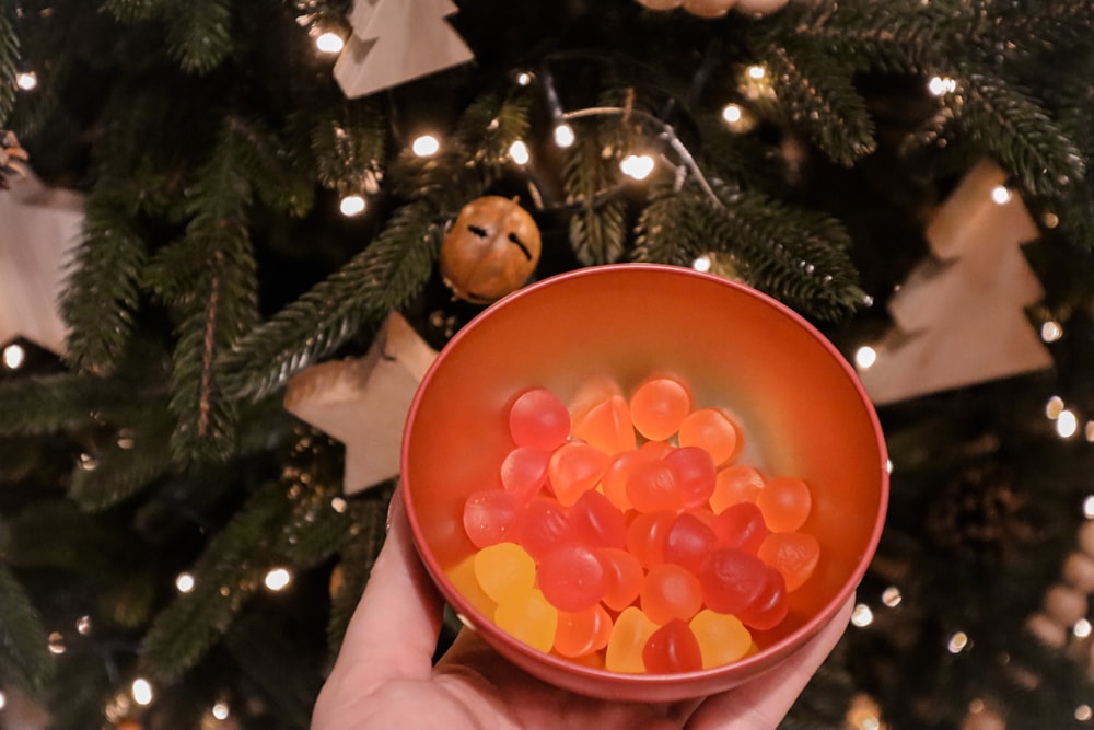 a person holding a bowl of gummy bears in front of a christmas tree