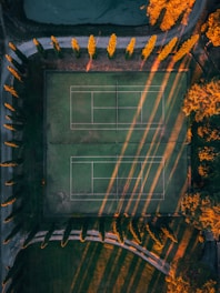 Aerial view of a tennis court surrounded by tall trees casting long shadows during sunset or sunrise. The court is empty and framed by a mix of green and autumn-colored foliage, with a path curving around it.