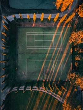 Aerial view of a tennis court surrounded by tall trees casting long shadows during sunset or sunrise. The court is empty and framed by a mix of green and autumn-colored foliage, with a path curving around it.