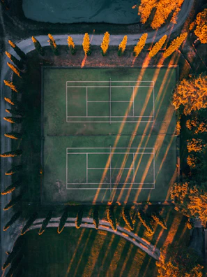 A peaceful view of the tennis courts surrounded by lush greenery in the late afternoon.