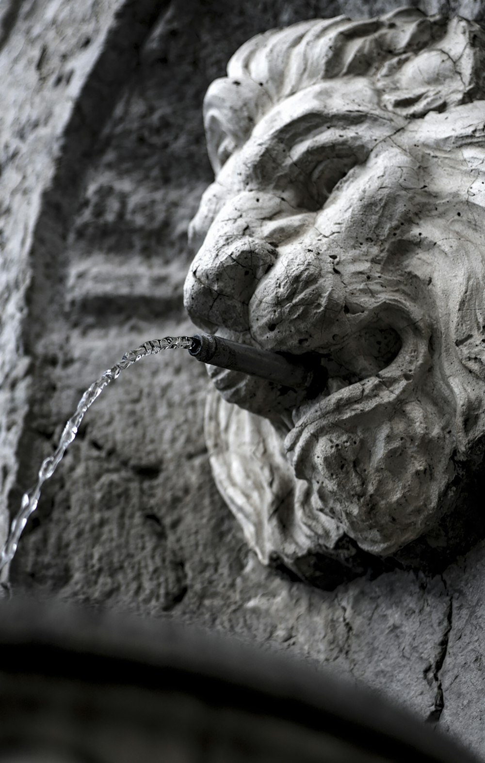 a stone lion head on a wall with water coming out of it