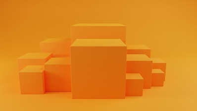 A collection of orange three-dimensional rectangular boxes of varying sizes are arranged together on a uniform orange background.