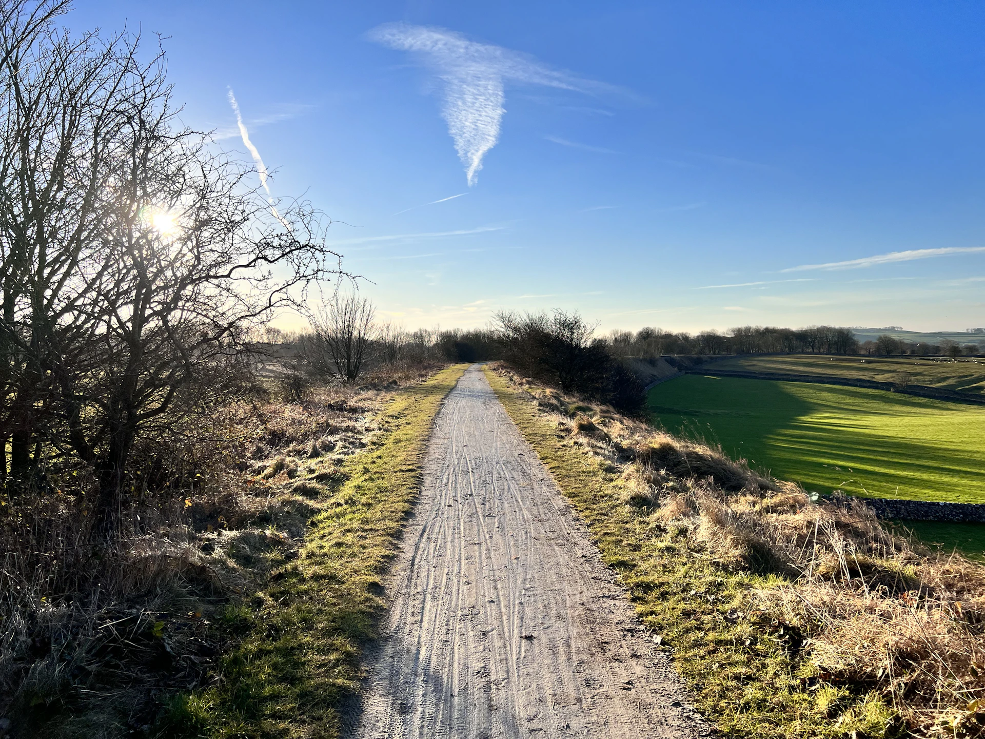 a dirt road in the middle of a field