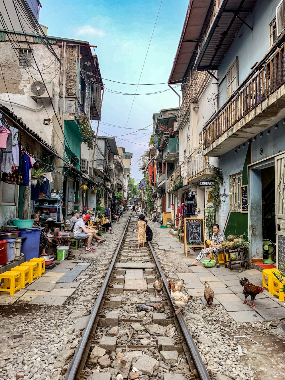 a train track running through a small town