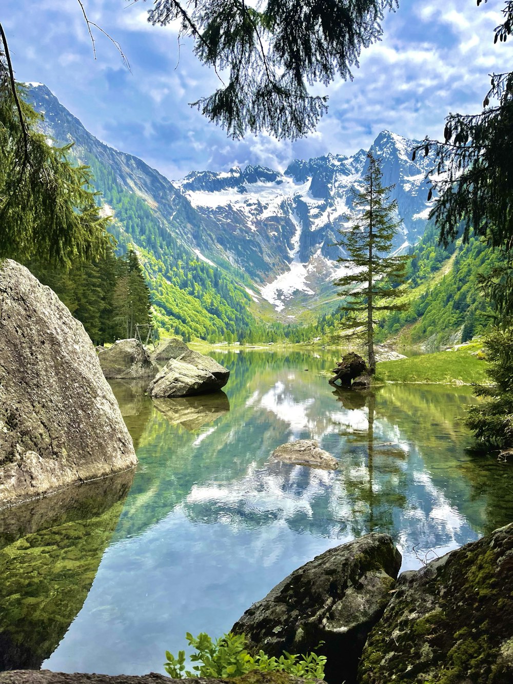 a mountain lake surrounded by trees and rocks