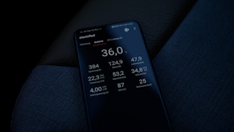 A smartphone screen displaying detailed battery-related statistics in German, such as voltage, temperature, and range. The phone is placed on a dark textured fabric surface, possibly a car seat.