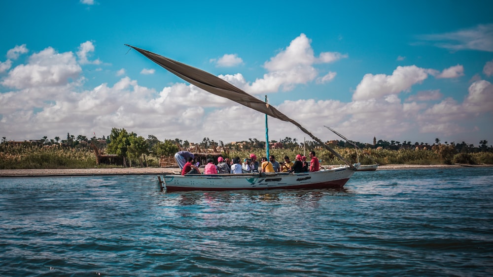 a group of people riding on the back of a boat