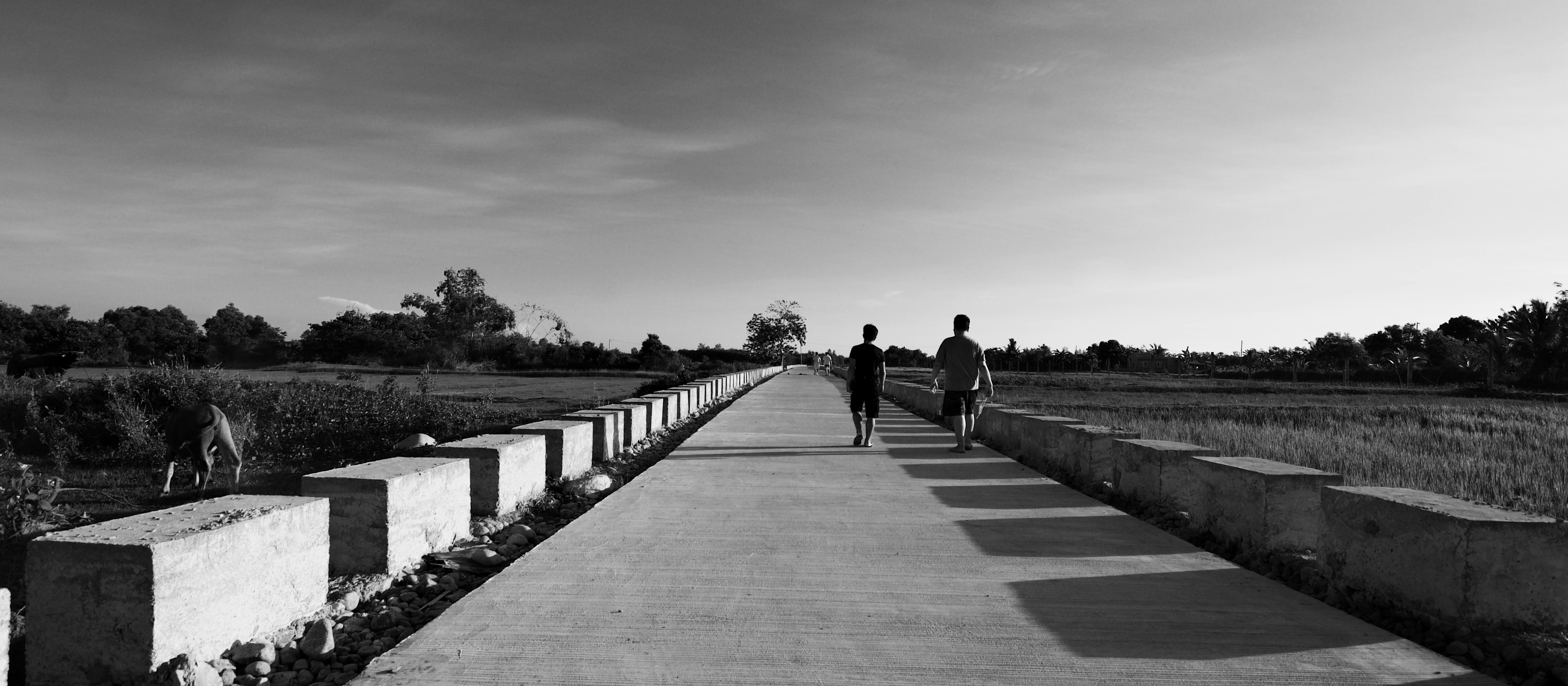 a black and white photo of two people walking down a path