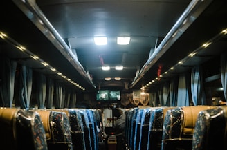 Interior of a bus showing rows of seats with blue and brown upholstery. The ceiling has built-in lighting, and there are windows on both sides with curtains. A person is seated facing away, towards the front of the bus where a screen is visible.