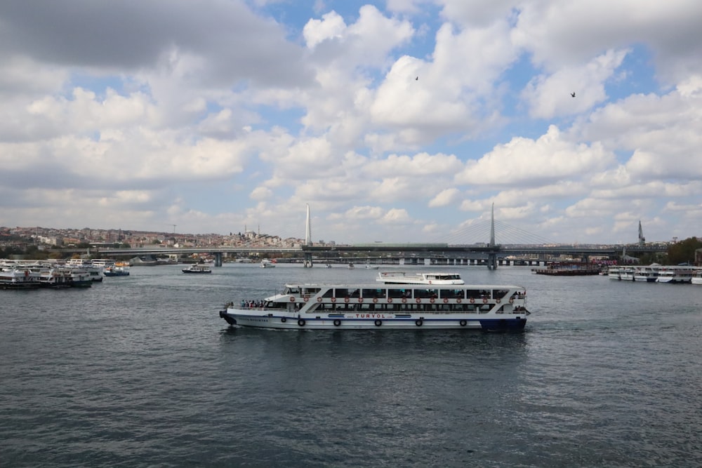 a large boat floating on top of a large body of water