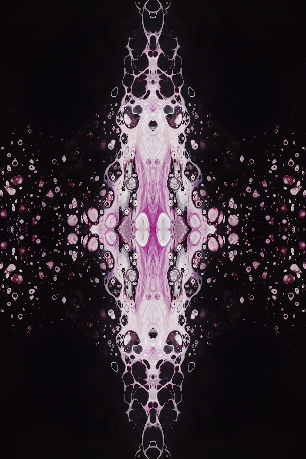 a black background with a pink and white design