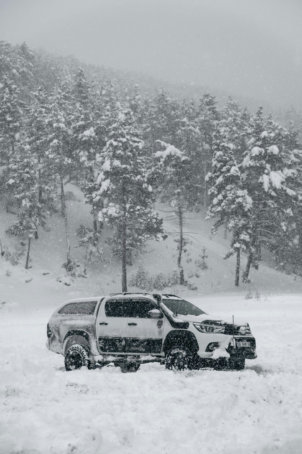 Un camión está estacionado en un campo nevado