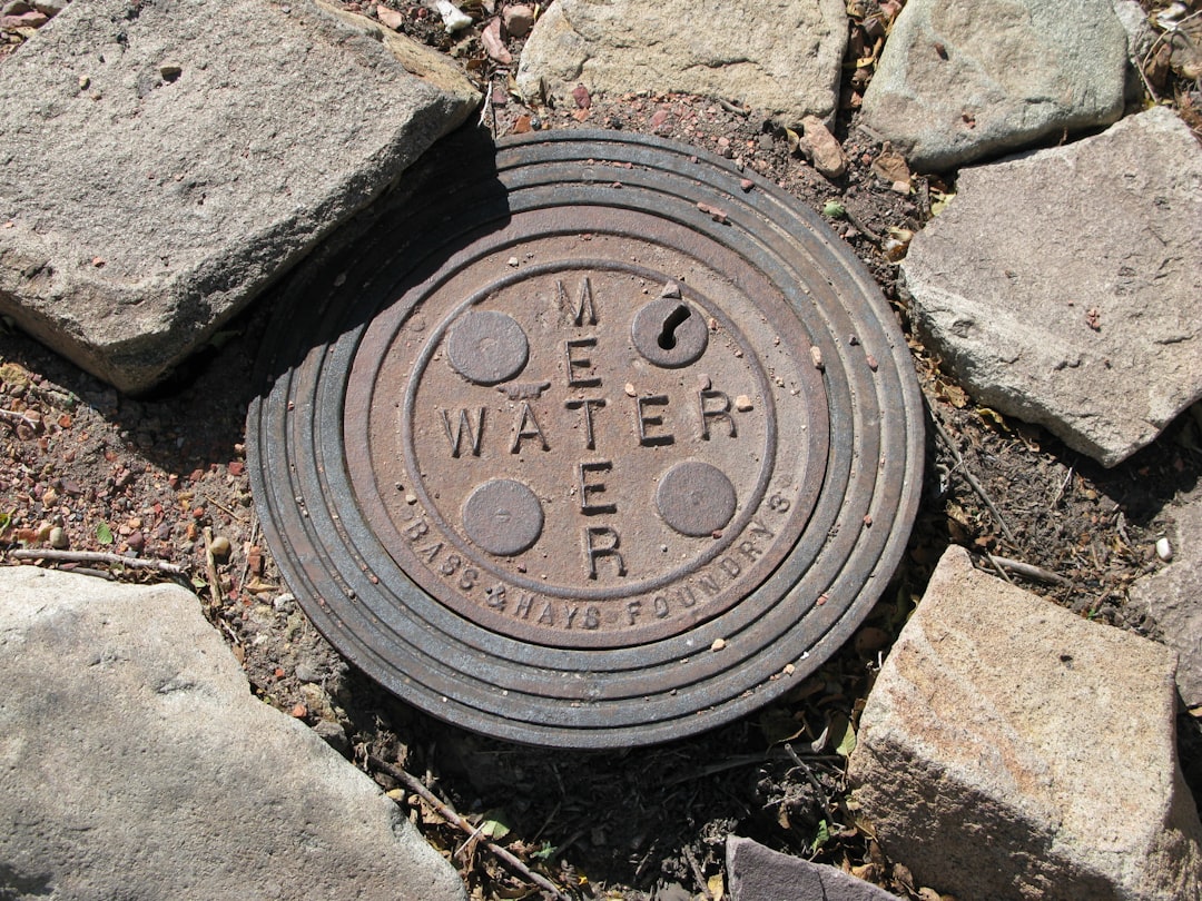 Water meter cover in ground surrounded by stones