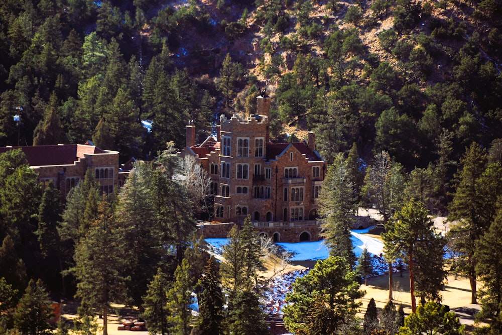 an aerial view of a mansion surrounded by trees