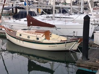 A small sailboat named Sunset is docked at a marina. The boat has a beige hull with a dark brown mast and rigging. Other sailboats are moored in the background, with masts and sails creating an intricate pattern above. The water reflects the boats and nearby structures.