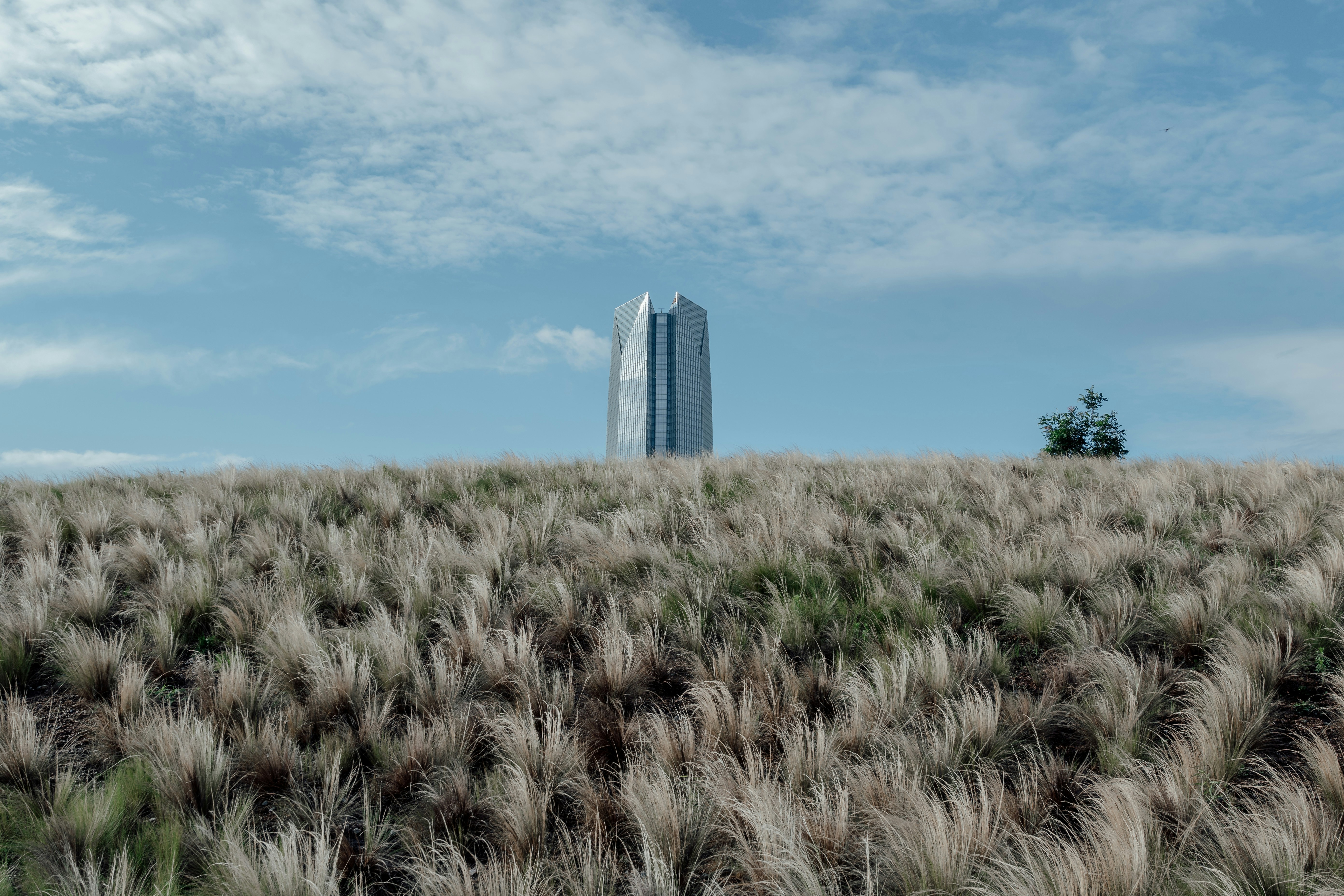 a tall building sitting on top of a lush green field